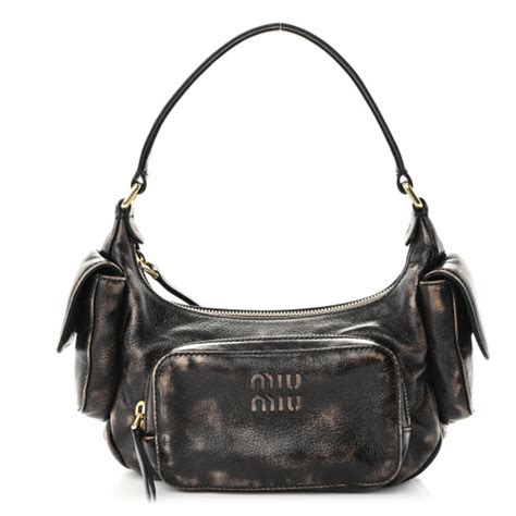 MIU MIU Distressed Calfskin Pocket Bag Sand Coffee